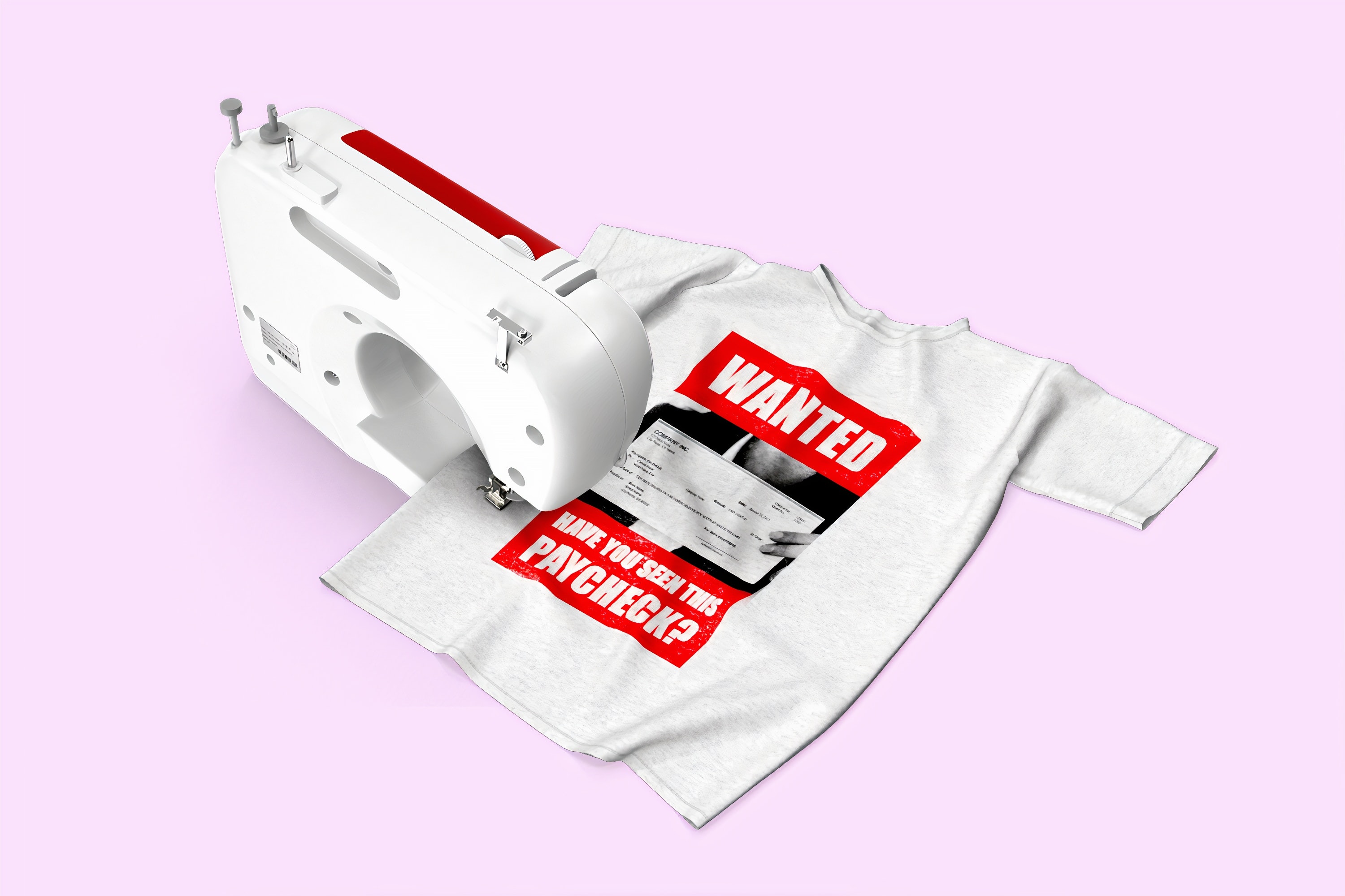 Eine Nähmaschine näht ein T-Shirt auf dem "Wanted: Have you seen this paycheck" auf Englisch steht. Übersetzt auf Deutsch: "Gesucht: Haben Sie diesen Lohzettel gesehen?"