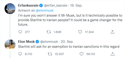 Twitter-Konversation: Ein Iraner fragt Elon Musk, ob er Starlink im Iran zugänglich machen kann. Er antwortet, er wird um eine Aussetzung der Sanktionen seitens der USA nachfragen.