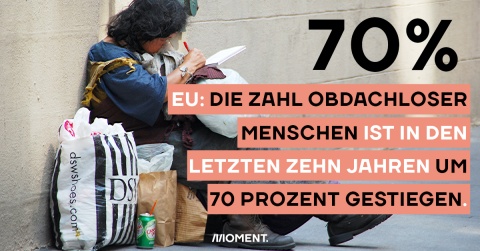 Eine obdachlose Frau sitzt auf der Straße. Der Text darüber sagt: EU: Die Zahl der obdachlosen Menschen ist in den letzten 10 Jahren um 70 Prozent gestiegen.