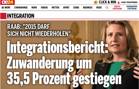 Faksimile eines OE24 Integrationsbericht Artikel - die reißerische Schlagzeile lautet: "Integrationsbericht: Zuwanderung um 35,5% gestiegen."