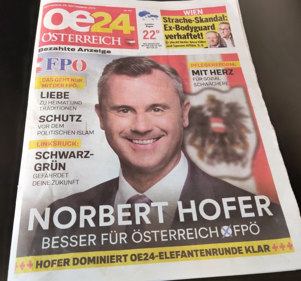 OE24-Titelseite am 25.9.2019 zeigt eine großformatige Einschaltung von FPÖ Chef Norbert Hofer.