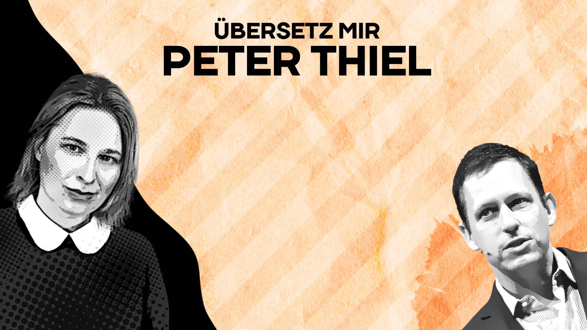 Auf dem Bild sind Politologin Natascha Strobl und Peter Thiel vor einem orangen Hintergrund zu sehen.