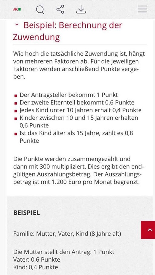 Rechenbeispiel: Der Auszahlungsbetrag des Familienhärtefallfonds wird mit einem Punktesystem berechnet. Die AntragstellerIn bekommt 1 Punkt, der zweite Elternteil 0,6 Punkte, Kinder unter 10 Jahren jeweils 0,4 Punkte, Kinder zwischen 10 und 15 0,6 Punkte. Kinder über 15 erhalten 0,8 Punkte. Die Gesamtzahl wird mit 300 multipliziert, was den Auszahlungsbetrag ergibt, der mit 1200 Euro pro Monat begrenzt ist.