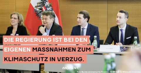 Die Regierungsmitglieder sitzen bei der Regierungsklausur 2020 in Krems nebeneinander. Zu sehen sind von links nach rechts Bundesministerin für Klimaschutz, Umwelt, Energie, Mobilität, Innovation und Technologie Leonore Gewessler, Vizekanzler Werner Kogler, Bundeskanzler Sebastian Kurz und Bundesminister für Finanzen Gernot Blümel. Im Text: "Die Regierung ist bei den eigenen Massnahmen zum Klimaschutz in Verzug."