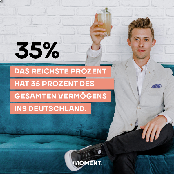 Zu sehen ist ein Mann im Sakko und Stecktuch auf einer teuren Satincouch, der einen Cocktail Richtung Kamera hält. Text: Das reichste Prozent hat 35 Prozent des gesamten Vermögen in Deutschland.