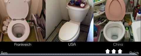 Zu sehen sind drei kleine Räume mit weißen Toiletten in Frankreich, USA und China.