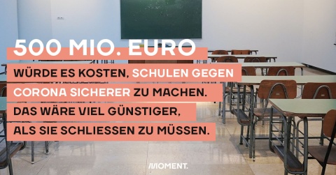 Foto zeigt ein leeres Klassenzimmer. Text: 500 Millionen Euro würde es kosten, Schulen gegen Corona sicherer zu machen. Das ist viel günstiger, als sie schließen zu müssen