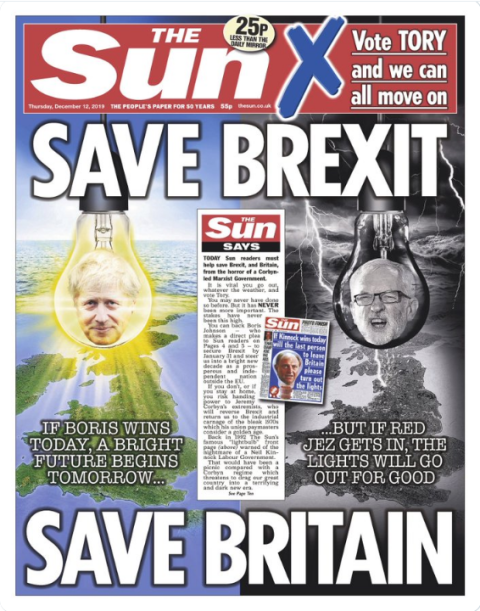 Titelseite der Zeitung The Sun zu Brexit - Boris Johnsons Position zu Brexit wird gelobt, Jeremy Corbyns Position verdammt.