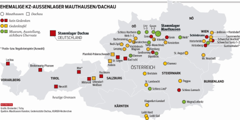 Österreichkarte auf der alle Außenlager des KZ Mauthausen markiert sind. Unterschiedliche Farben markieren außerdem jene Orte wo Überreste oder Gedenksteine vorhanden sind.