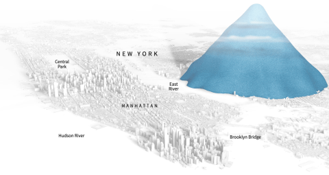 Visualisierung zeigt den Berg, den alle Plastikflaschen, die seit 2009 verkauft wurden im Verhältnis zur Fläche von New York bilden würde. Der Berg bedeckt große Teile Brooklyns und Queens.