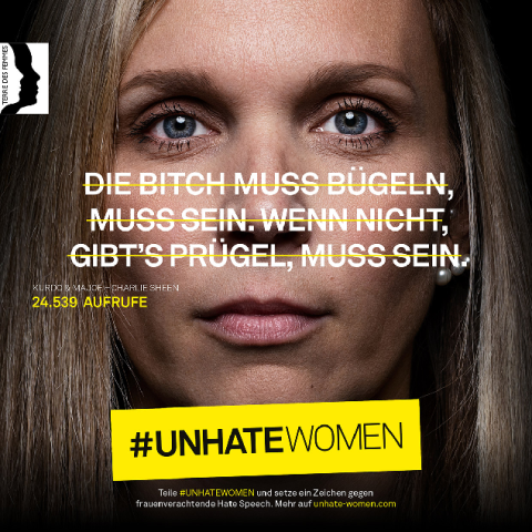 Unhate women: Ein Plakat gegen Frauenhass in Raptexten. Der durchgestrichene Text des Songs Charlie Sheen von Kurdo & Major: "Die Bitch muss bügeln, muss sein. Wenn nicht, gibt's Prügel, muss sein."