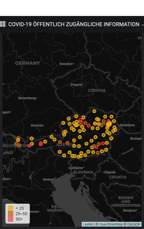 Karte zeigt die Coronazahlen aus Österreich in Echtzeit verteilt auf das Bundesgebiet. Cluster in Graz, Wien und Innsbruck sind klar erkennbar.