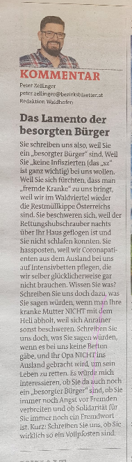 Zeitungsausschnitt Kolumne von Tom Strobl "Das Lamento der besorgten Bürger".