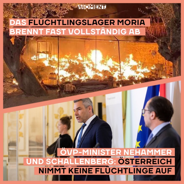 Grafik bildet oben ein brennendes Zelt im Flüchtlingslager Moria. Unten sind Innenminister Karl Nehammer und Außenminister Alexander Schallenberg zu sehen, die bei einer Pressekonferenz klar stellen, keine Flüchtlinge aufnehmen zu wollen.