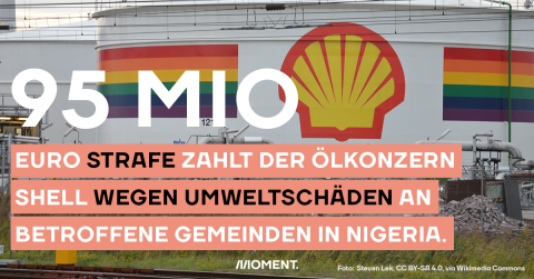 Ein Gebäude es Öl-Konzerns Shell mit dessen Logo. Im Text: "95 Mio Euro Strafe zahlt der Ölkonzern Shell wegen Umweltschäden an Betroffene Gemeinden in Nigeria."