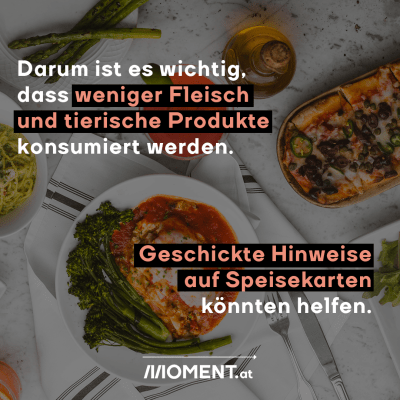 Darum ist es wichtig, dass weniger Fleisch und tierische Produkte konsumiert werden. Geschickte Hinweise auf Speisekarten können helfen.