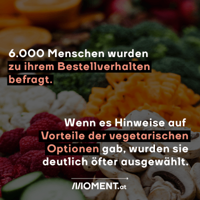 6000 Menschen wurden zu ihrem Bestellverhalten befragt. Wenn es Hinweise auf Vorteile der vegetarischen Optionen gab, wurden sie deutlich öfter ausgewählt.