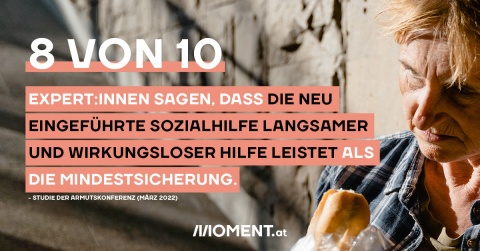 Eine Frau sitzt am Boden und ist ein leeres Baguette. Bildtext: 8 von 10 Expert:innen sagen, dass die neu eingeführte Sozialhilfe langsamer und wirkungsloser Hilfe leistet als die Mindestsicherung.