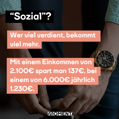 “Sozial?” Wer viel verdient, bekommt viel mehr. Mit einem Einkommen von 2.100 Euro spart man 137 Euro, bei einem von 6000 jährlich 1230 Euro.