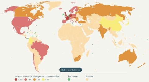 Die Weltkarte der Steuerräuber, die Karte zeigt Regionen in denen Einnahmen aus Körperschaftssteuern durch Steuervermeidung verloren gehen. - Quelle: MissingProfits.world