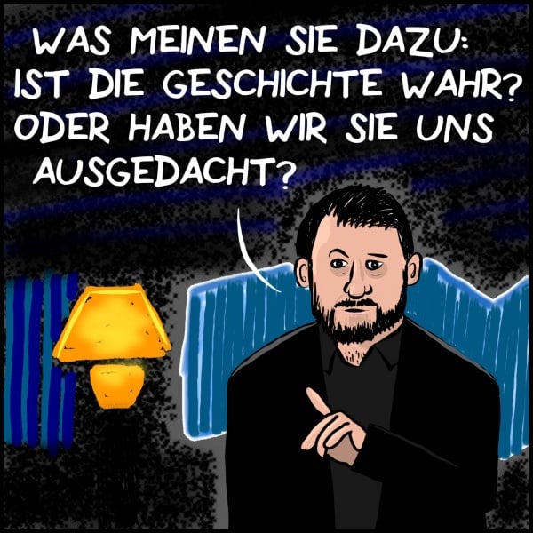 Zeichnung die Jonathan Fracks von X-Factor anspielt. Frakes sagt in einem Sessel sitzend: "Was meinen sie dazu? Ist die Geschichte wahr oder haben wir sie uns ausgedacht?"