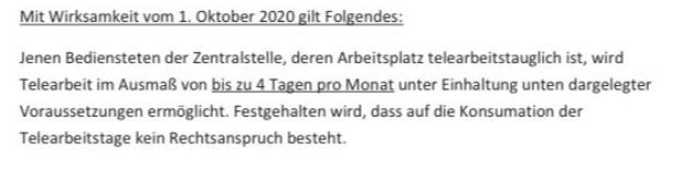 Screenshot aus dem Rundschreiben des Wissenschaftsministeriums: MitarbeiterInnen dürfen nur 4 Tage Homeoffice machen