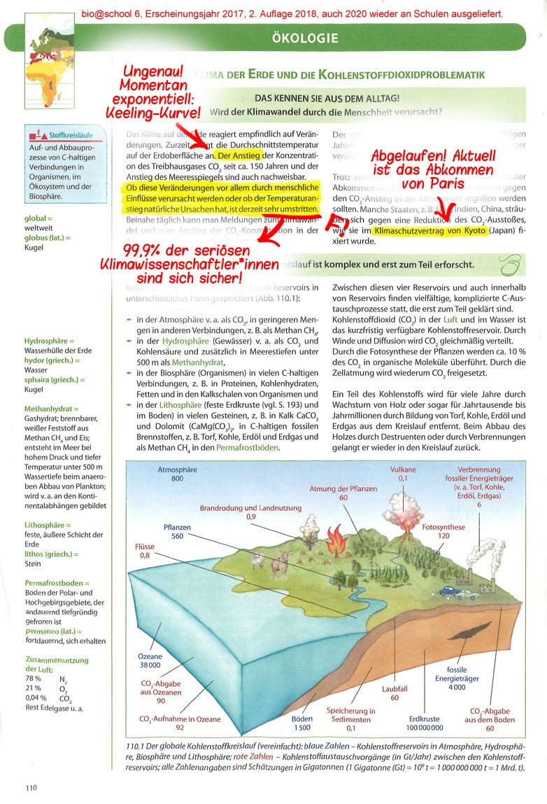 Eine Schulbuchseite mit Korrekturen zum Thema Klimakrise