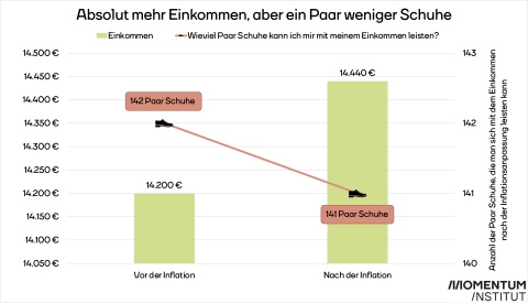 Kalte Progression Österreich_Grafik3_Man sieht auf dieser Grafik, dass der Wert des Geldes gefallen ist und man sich nur mehr 141 Paar Sportschuhe leisten kann. 