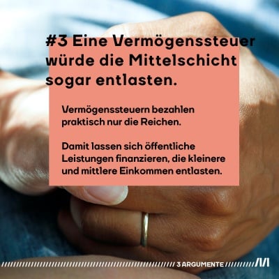 Zwei Menschen halten Hände. Bildtext: "#3 Eine Vermögenssteuer würde die Mittelschicht sogar entlasten. Vermögenssteuern bezahlen praktisch nur die Reichen.  Damit lassen sich öffentliche Leistungen finanzieren, die kleinere und mittlere Einkommen entlasten."