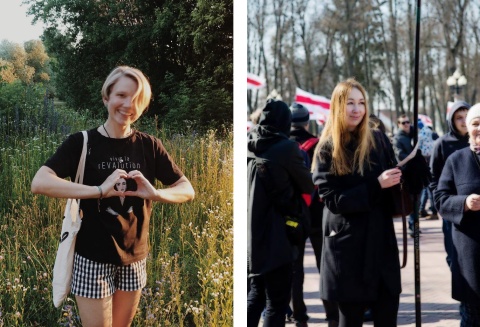 Foto zeigt zwei Frauen, links steht Nastya in einer Blumenwiese. Sie trägt ein ein T-Shirt mit der Aufschrift Vive la rEVAlution und hat ihre Hände zu einem Herz geformt. Recht ist Volga im Bild, die in einem schwarzen Mantel auf einer Demonstration zu sehen ist.