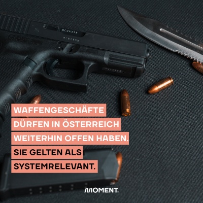 Foto zeigt eine Handfeuerwaffe, einige Patronen und ein Messer. Text: Waffengeschäfte bleiben trotzdem offen, sie gelten als systemrelevant.