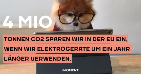 Dieses Bild zeigt einen Hund mit Brille vor einem Laptop. Text: 4 Millionen Tonnen Co2 würden wir sparen, wenn wir Elektrogeräte um ein Jahr länger verwenden. 