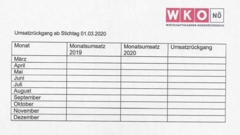 Das Antragsformular für den Existenzsicherungszuschuss von der Wirtschaftskammer Niederösterreich vom März 2020. UnternehmerInnen müssen in einer Tabelle ihre Umsatzrückgänge dokumentieren.