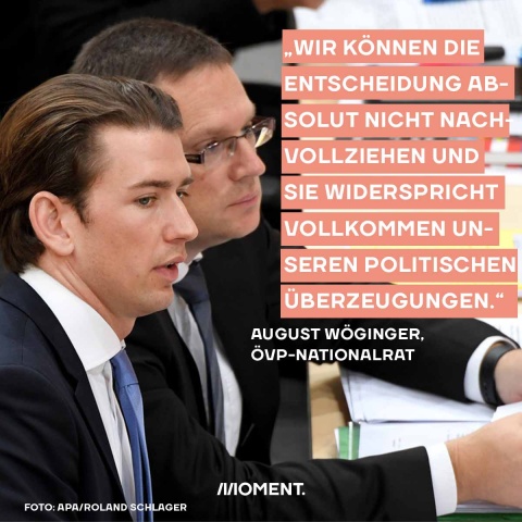 Sharepic, dass Sebastian Kurz und August Wöginger (beide ÖVP) zeigt. Text: "Wir können die Entscheidung überhaupt nicht nachvollziehen und sie widerspricht vollkommen unseren politischen Überzeugungen."