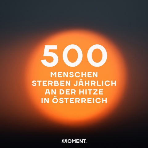 Text: 500 Menschen sterben jährlich an der Hitze in Österreich. Bild: Infrarotaufnahme der Sonne.