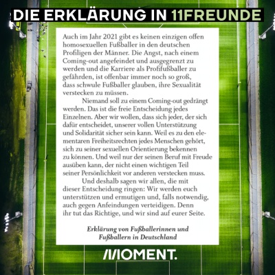 Homosexualität im Fußball: Auf dem Bild ist die gesamte Unterstützungserklärung der FußballerInnen für queere und homosexuelle KollegInnen im 11Freunde Magazin zu sehen.