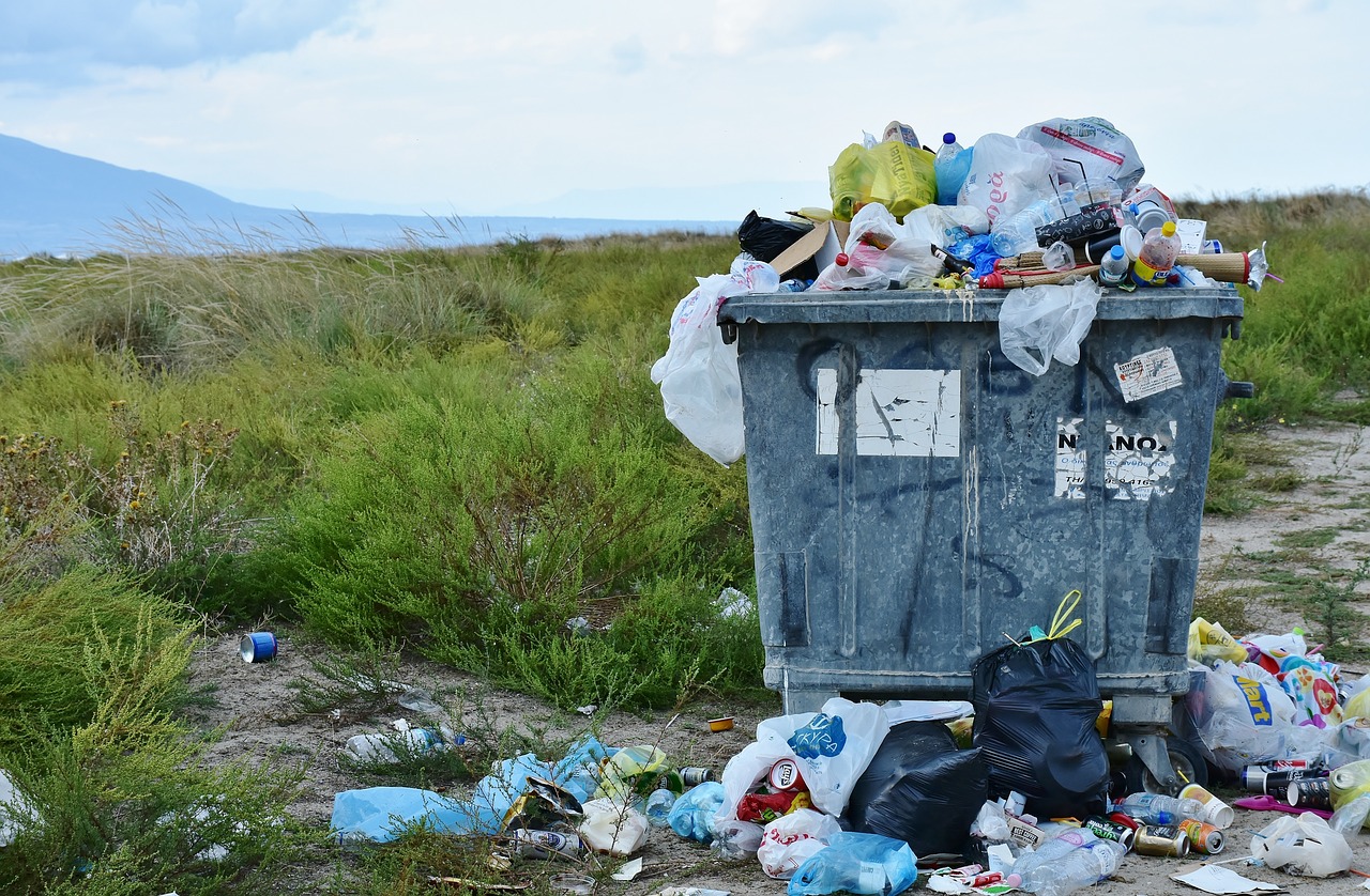 Ein vor Plastikmüll überquellender Container auf einer Wiese als Symbol für die gefährlichen Auswirkungen von Mikroplastik.