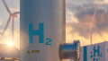 Säule eines Windrades auf dem das Zeichen für Wasserstoff (H2) steht.