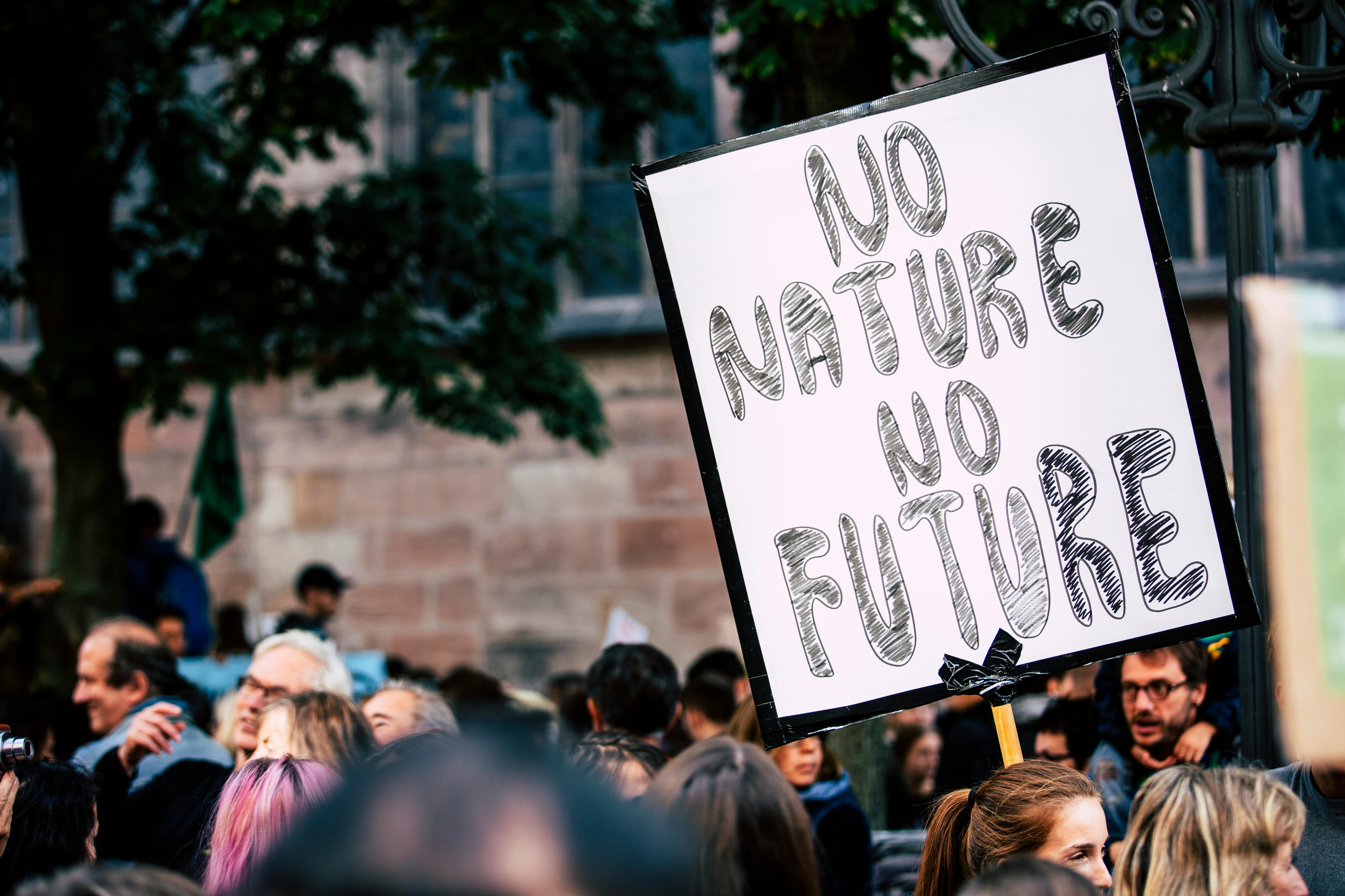 Erstmals hatte eine Klimaklage vor dem Europäischen Gerichtshof für Menschenrechte Erfolg. Die Schweiz wurde geklagt. (Im Bild: Eine Demo von Klimaschützer:innen mit einem Schild, auf dem "No Nature, No Future" steht)