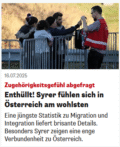 Ein Screenshot eines Heute-Artikels. Eine Familie steht an einem Zaun und nimmt von einer Person in Signaljacke eine Tasche an. Der Text: Zugehörigkeitsgefühl abgefragt. Enthüllt! Syrer fühlen sich in Österreich am wohlsten