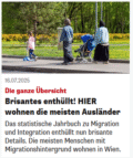 Ein Screenshot eines Heute-Artikels. 2 Frauen mit Kopftuch sind von hinten zu sehen, eine von ihnen fährt mit einem Kinderwagen, vor ihnen fährt ein Mädchen auf einem Roller. Der Text: Die ganze Übersicht. Brisantes enthüllt! HIER wohnen die meisten Ausländer