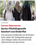 Ein Screenshot eines Heute-Artikels. 3 Frauen mit Kopftuch sind von hinten zu sehen. Der Text: Extreme Geburtenrate. Syrien-Flüchtlingswelle beschert uns Kinderflu