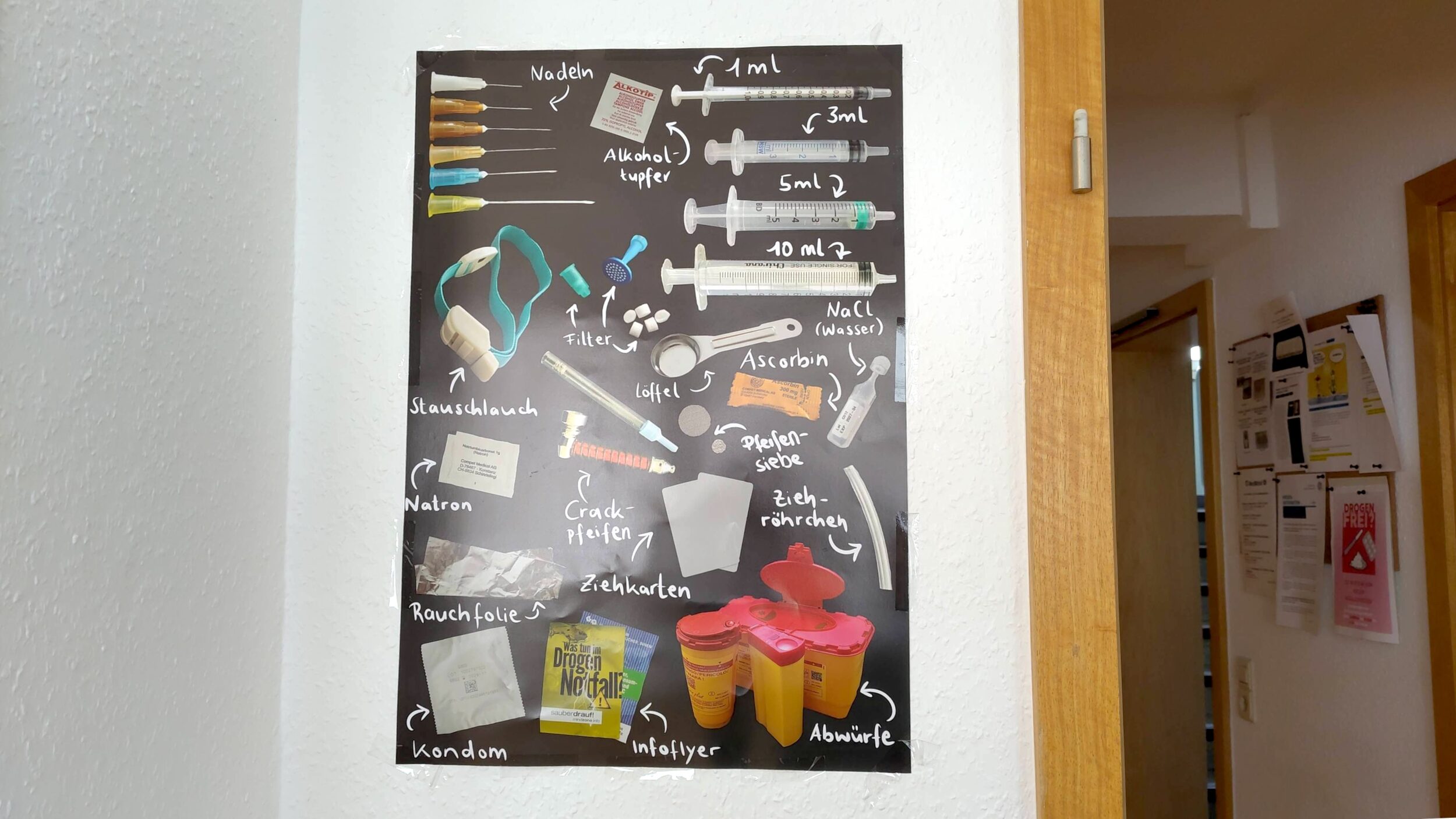 Foto aus dem Drogenkonsumraum KOMBO. Ein schwarzes Plakat an der Wand zeigt in bunten Farben die hier zur Verfügung stehenden Materialien, darunter unterschiedlich große Spritzen und Nadeln, verschiedene Filter, einen Stauschlauch, aber auch ein Kondom und zwei Infoflyer.